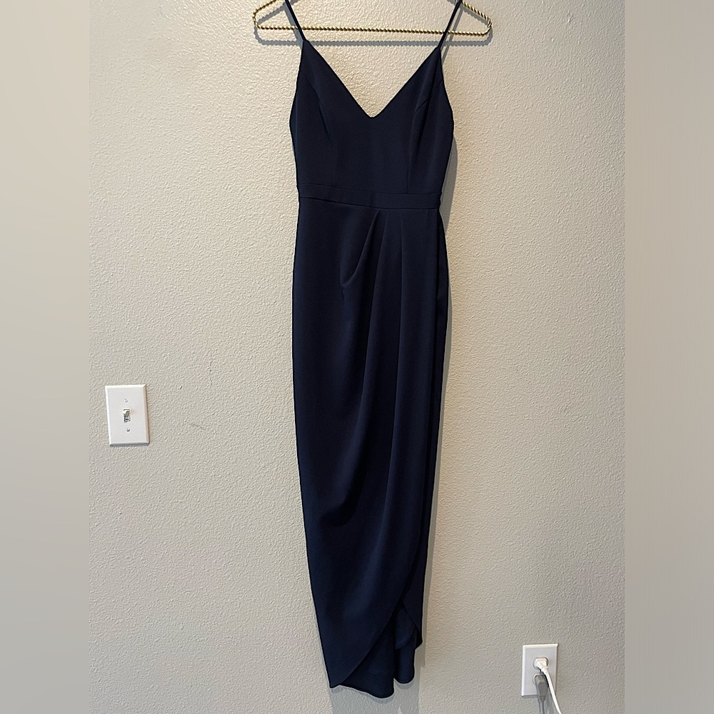 Anthropologie Bhldn Lyra Navy Blue Crepe Pleated Skinny Strap Long Dress Size 6